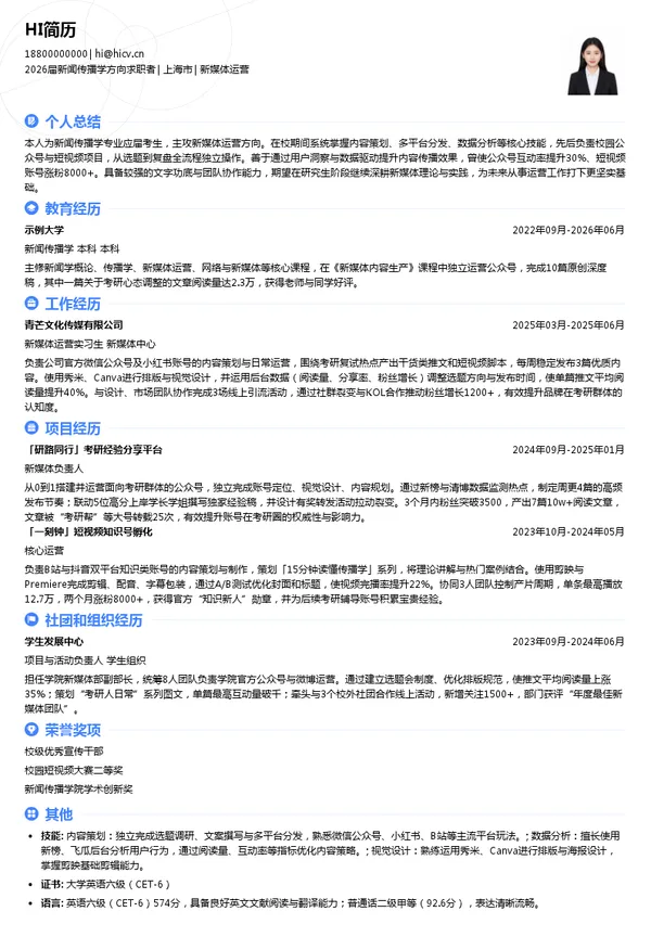 考研复试新媒体运营简历模板