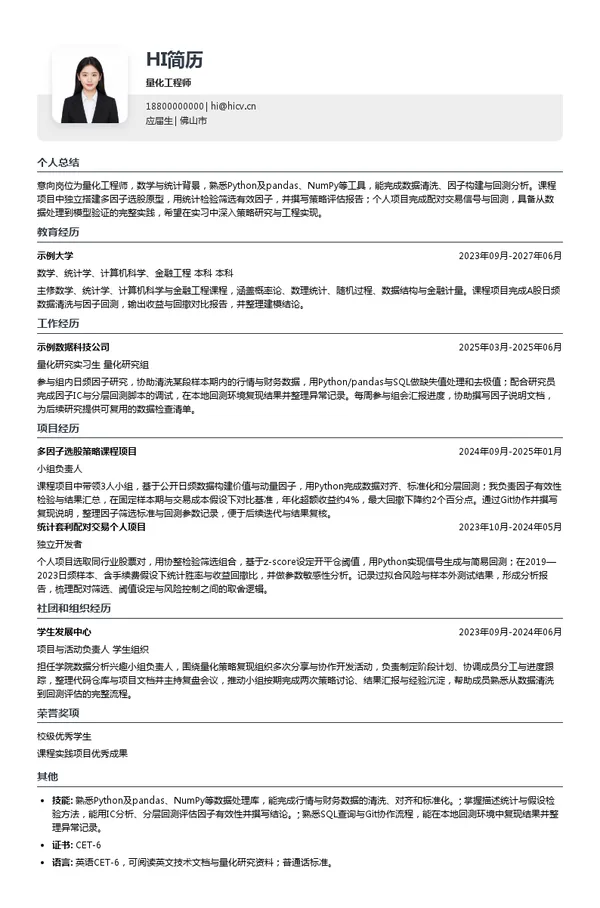 IteraQuant量化工程师投递简历模板