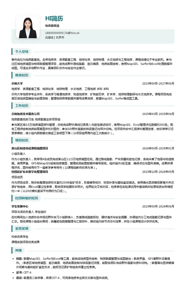中国冶金地质总局地质勘查岗投递简历模板