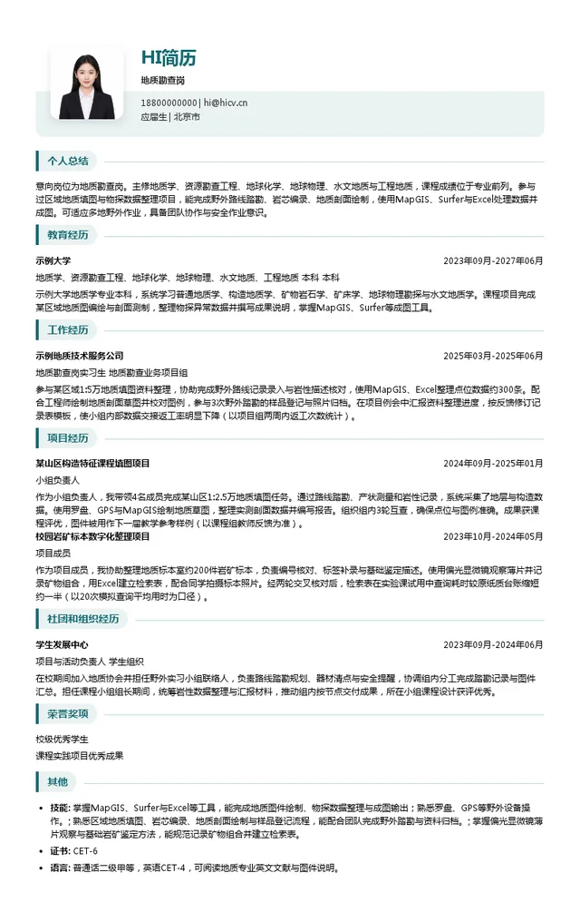 中国冶金地质总局地质勘查岗投递简历模板