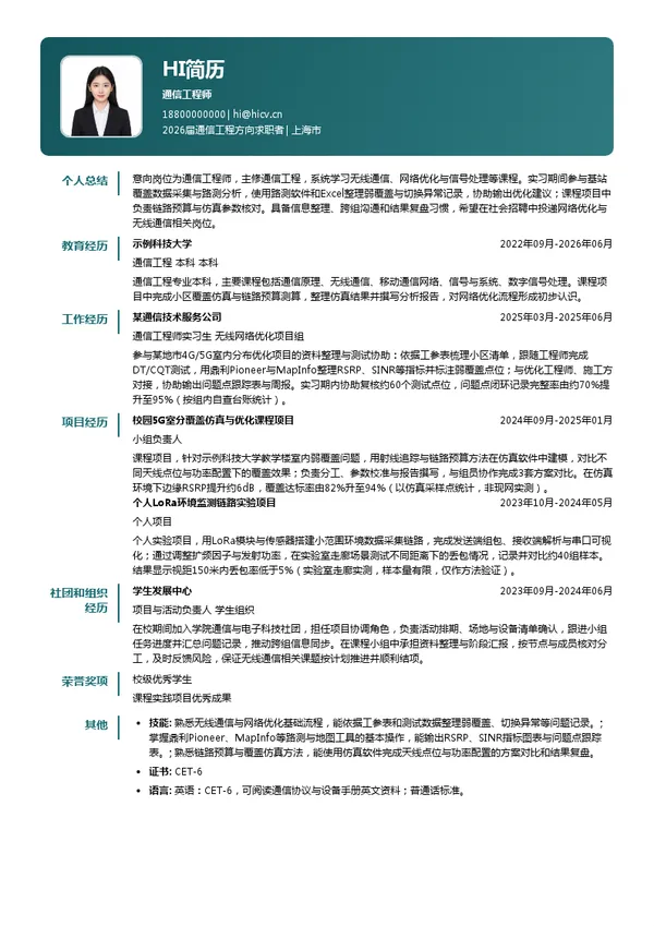 社招通信工程师简历模板