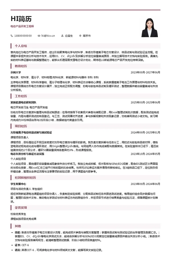 LG新能源电芯产品开发工程师投递简历模板