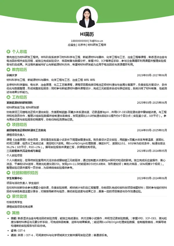 格林美集团材料研发工程师投递简历模板