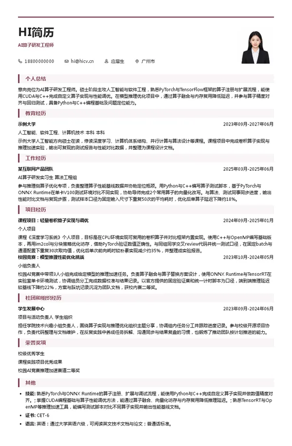 广州品高软件股份有限公司AI算子研发工程师投递简历模板