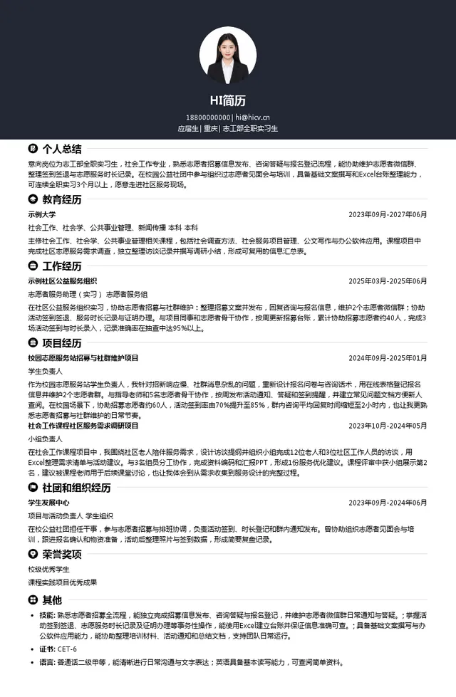 山城志愿者志工部全职实习生投递简历模板