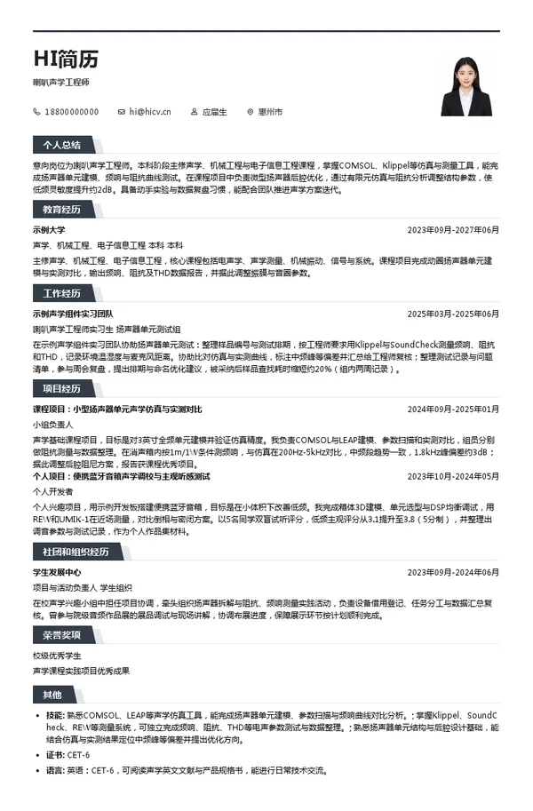 迪芬尼声学喇叭声学工程师投递简历模板