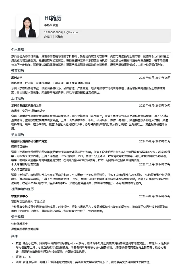 上海菲婷丝化妆品经营有限公司市场培训生投递简历模板