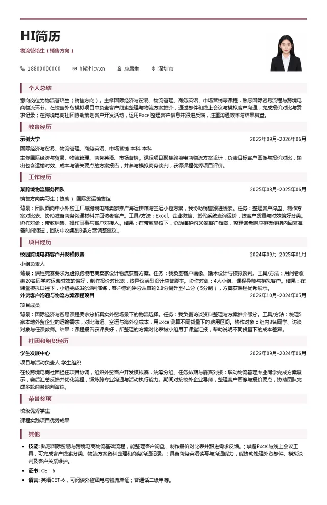 艾吉赛（上海）国际货物运输代理有限公司物流管培生（销售方向）投递简历模板