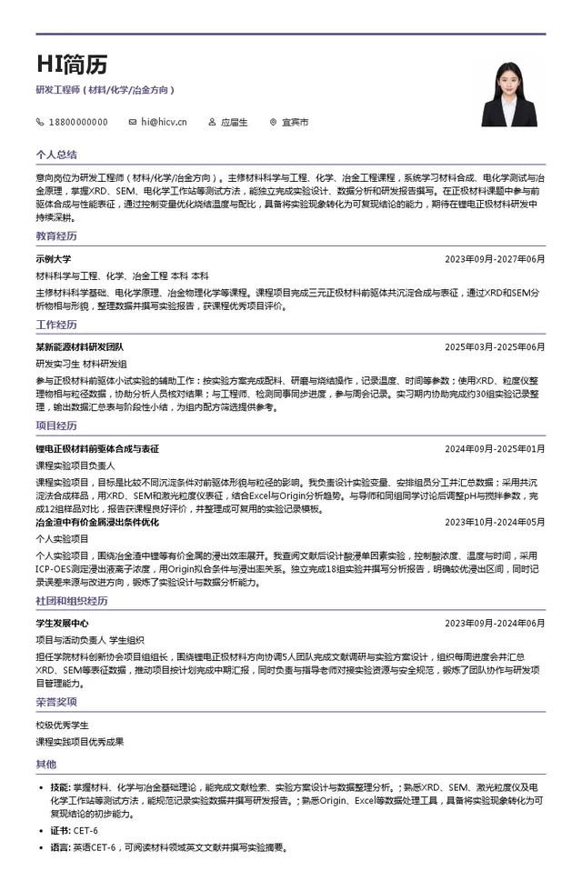 宜宾锂宝研发工程师（材料/化学/冶金方向）投递简历模板