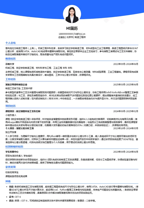 罗罗制造工程师投递简历模板