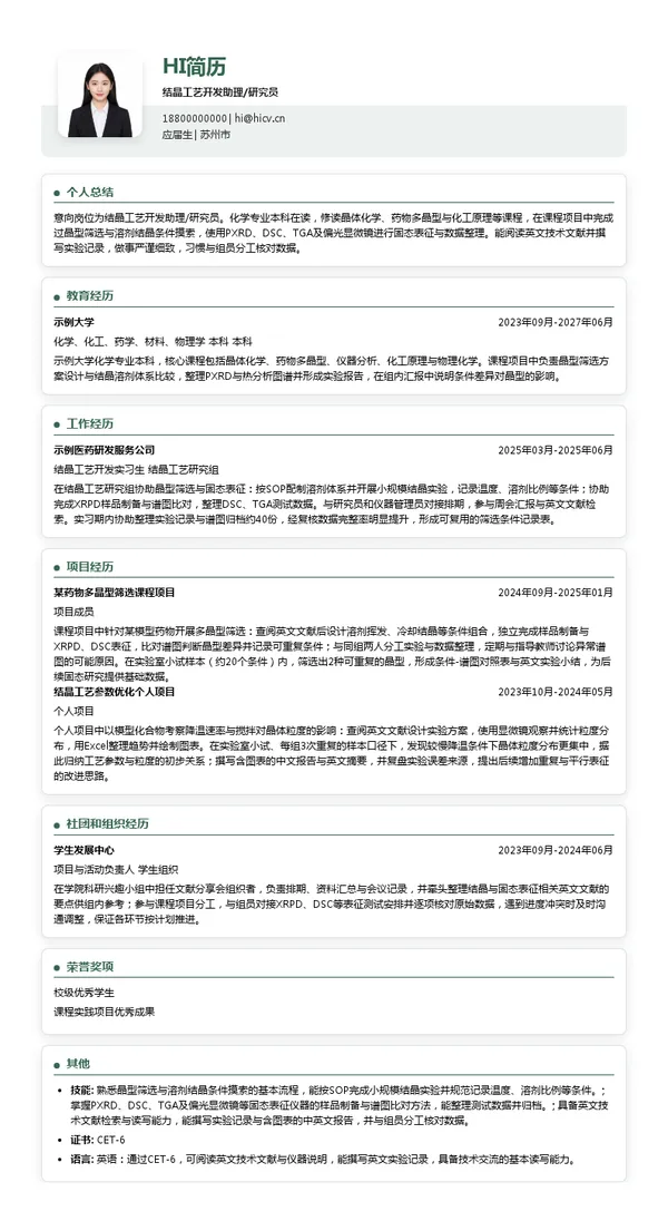 晶云集团结晶工艺开发助理/研究员投递简历模板