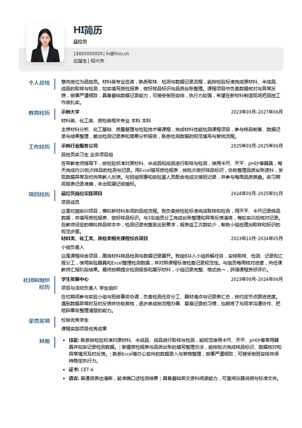 浙江洪量新材科技有限公司品控员投递简历模板
