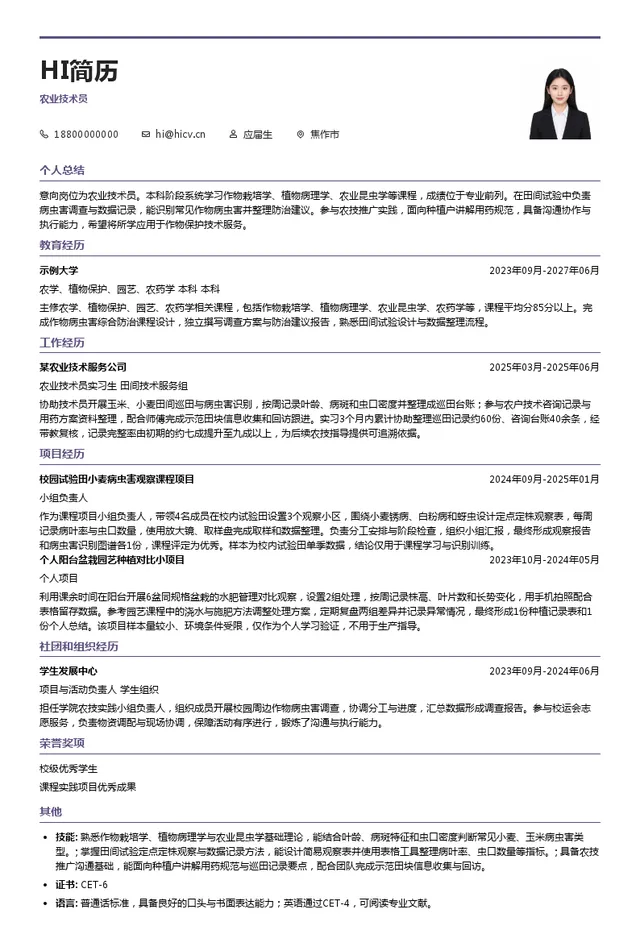 郑州亮点作物保护技术有限公司农业技术员投递简历模板