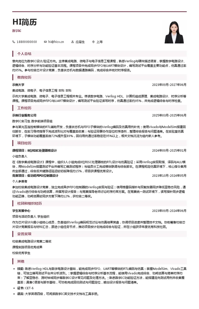 光本位数字IC投递简历模板