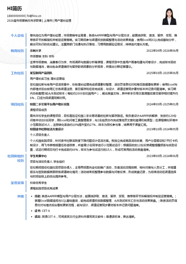 用户增长经理简历模板