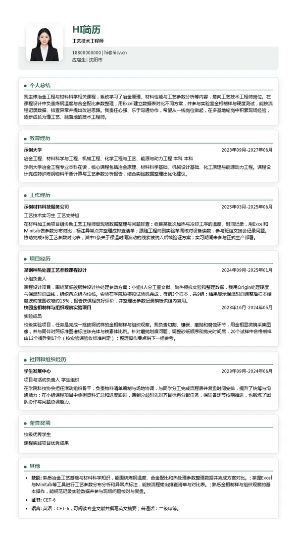 中国宝武钢铁集团有限公司工艺技术工程师投递简历模板