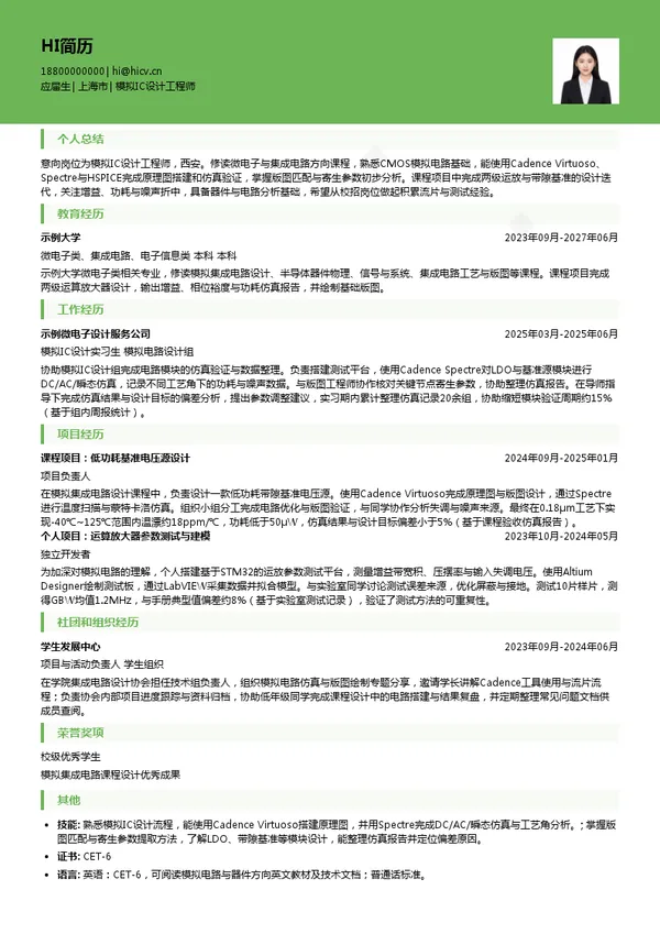 上海维安电子股份有限公司模拟IC设计工程师投递简历模板