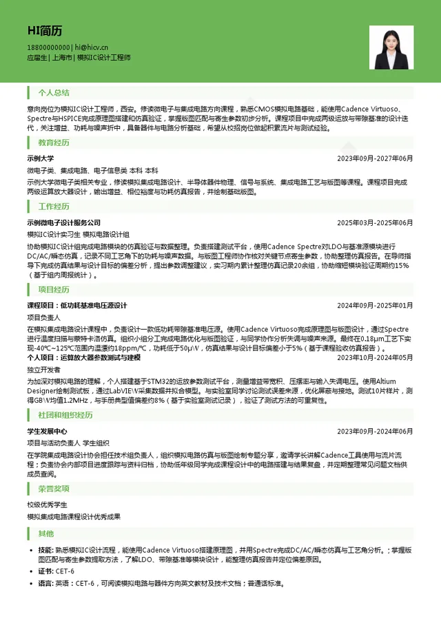 上海维安电子股份有限公司模拟IC设计工程师投递简历模板